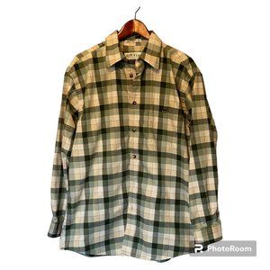 Orvis Long Sleeve Green Tan Plaid Shirt Button Down Men's L 100 Cotton Stripes
